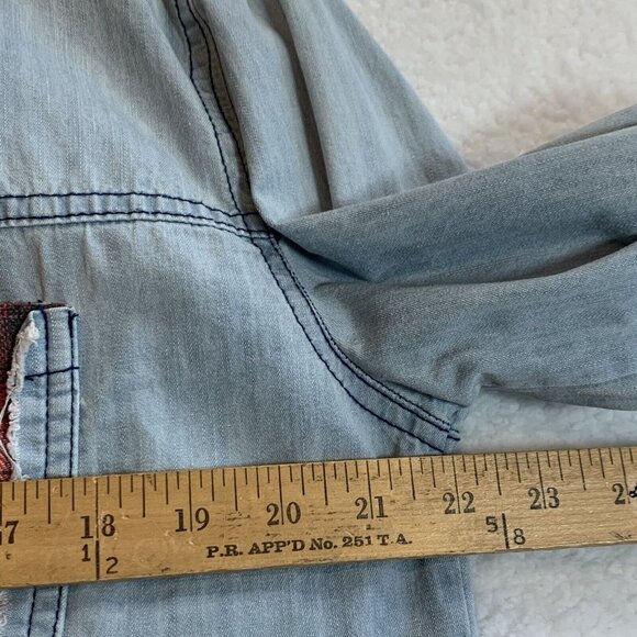 POL Women's Plaid Pocket Long Sleeve Snap Boho Western Denim Top Size S Blue - Picture 6 of 10